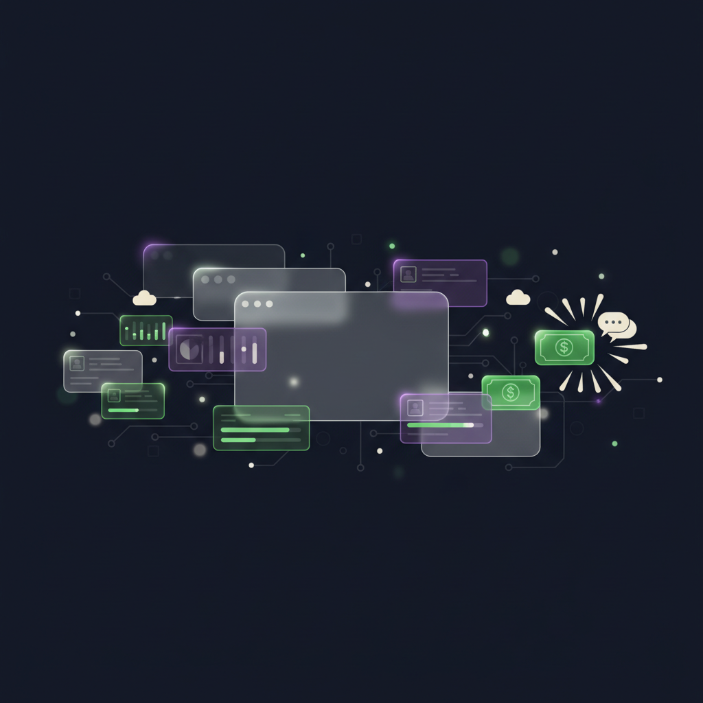 Glassmorphism illustration of an AI-native client portal dashboard with floating UI cards showing engagement lifecycle stages on a dark navy background with green and purple accent glows