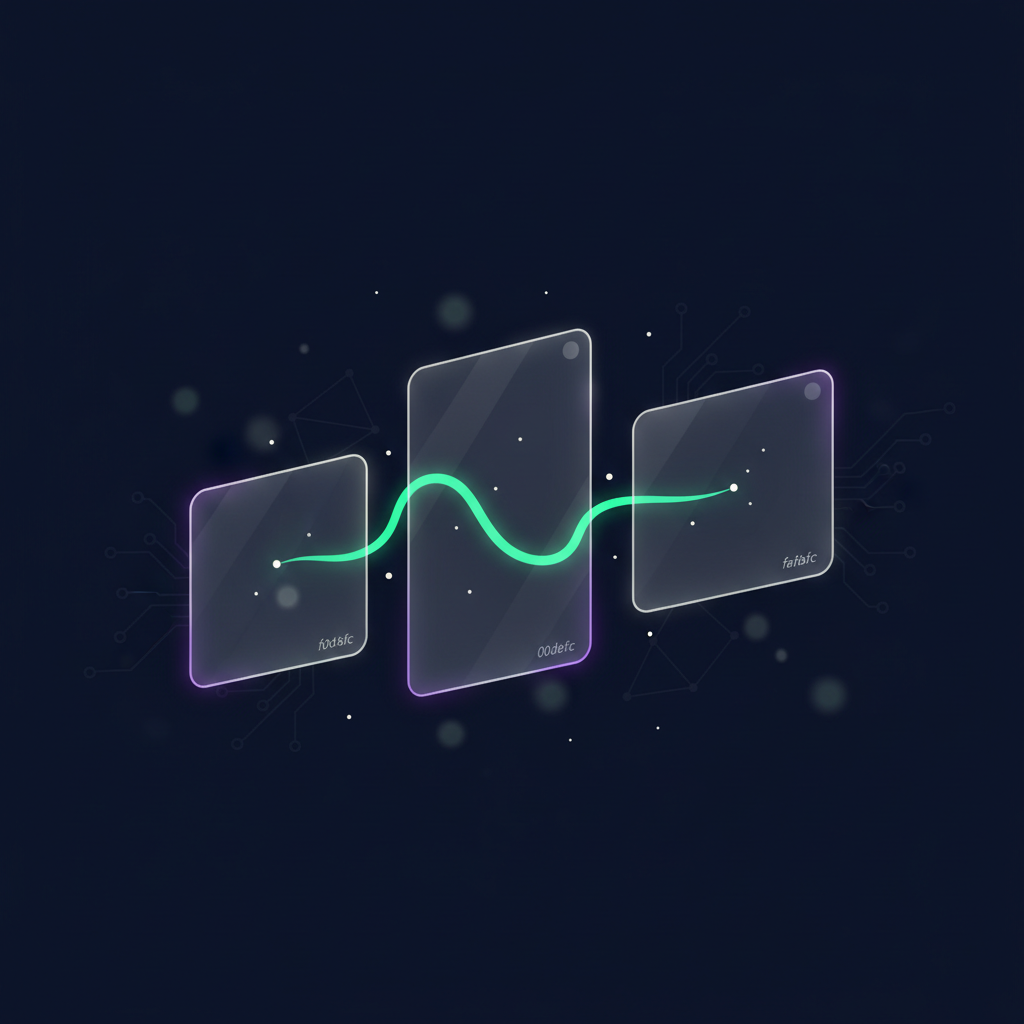 Three disconnected glassmorphic data panels reconnecting through a glowing green stream on dark navy background