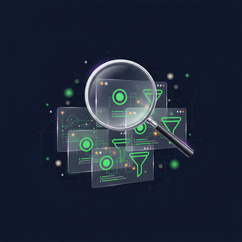 Glassmorphism illustration of a magnifying glass revealing hidden issues in CRM dashboard data layers with green and purple accent glows